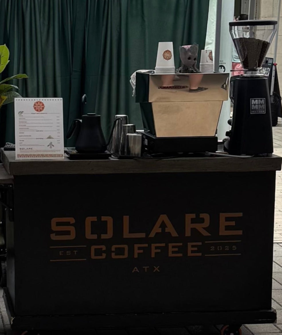 Coffee setup with Solare Coffee branding on a cart